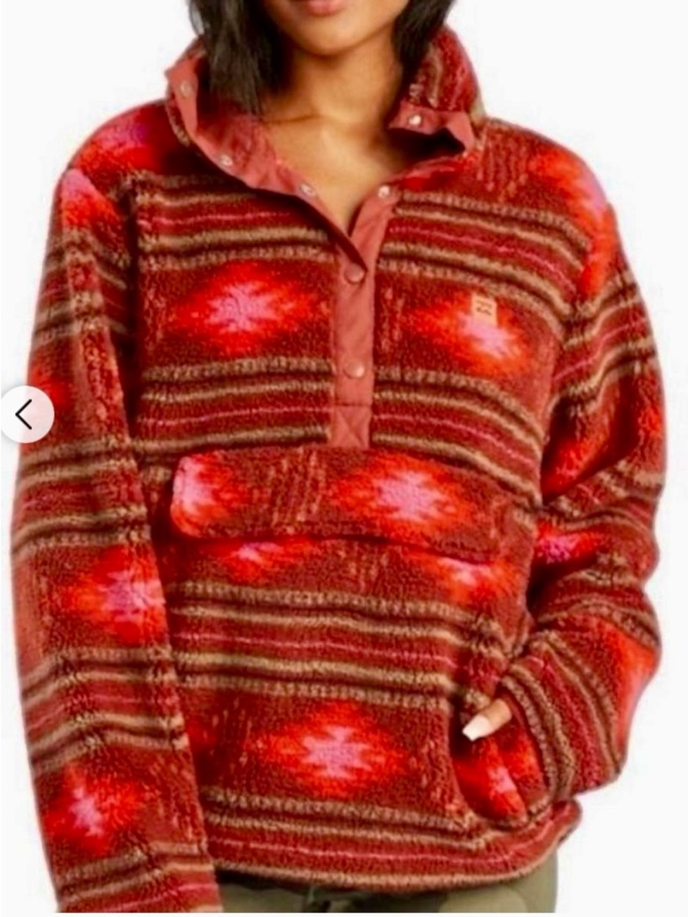 Women's Billabong Red Aztec Print Sherpa Half Snap Fleece Pullover